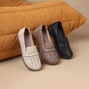 Comfortable hollowed-out leather loafers in three colors with soft soles for women