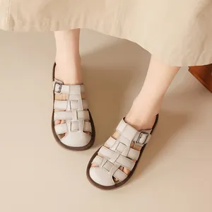 Women's Retro Woven Split Leather Flat Sandals Summer Hollow Out Buckle Slide Slippers Comfortable Anti-slip Beach Shoes