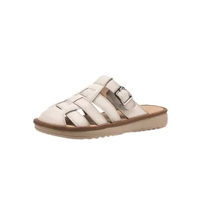 Vintage beige woven leather sandals for women with comfortable soft flat soles