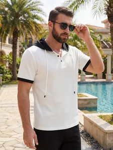 Detailed view of men's waffle knit hooded T-shirt with contrast cuffs and drawstring