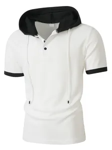 Detailed view of men's white waffle knit hooded T-shirt with black contrast hood