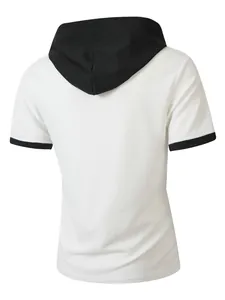 Detailed rear view of a men's casual waffle knit hooded t-shirt in white and black