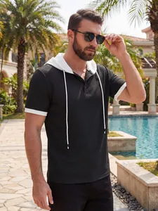 Lifestyle view of men's waffle knit hooded shirt with contrast color block style.