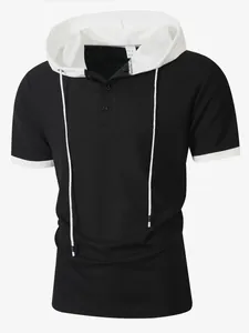 Men's casual waffle knit hooded short sleeve T-shirt in black and white color block
