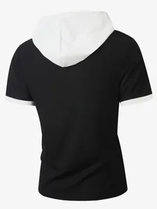 Rear view detail of black waffle knit hooded T-shirt with contrast white hood and cuffs