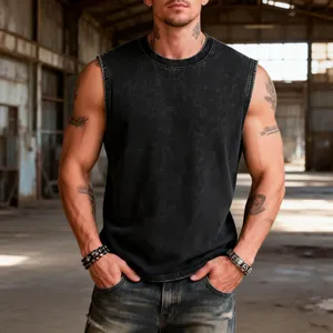 Detail view of vintage black acid wash heavy cotton sleeveless tank top for men