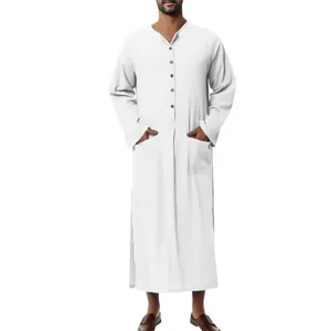 Men's traditional white long-sleeved robe with button detail and side pockets