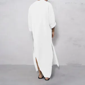 Detailed back view of a minimalist white long-sleeved traditional male robe with side slits
