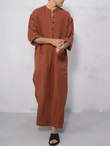 Full view of men's retro terracotta robe with stand collar and button detail.