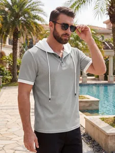 Stylish men's waffle knit short sleeve hooded t-shirt featuring contrast white drawstring