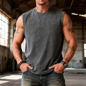 Detail of a vintage washed grey cotton sleeveless tank top with heavy-duty loose fit for men.