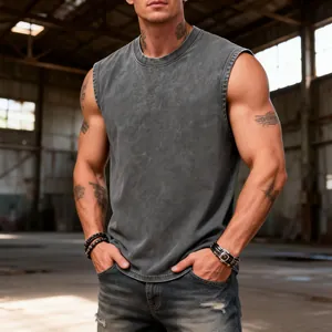 Men's vintage washed cotton tank top showing heavyweight fabric texture and relaxed fit