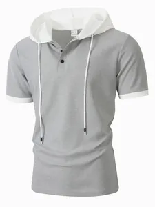 Detail of men's waffle knit hoodie T-shirt with color-block short sleeves.