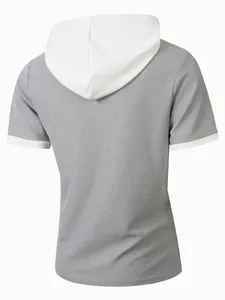 Detailed back view of a grey waffle-knit short sleeve men's hoodie with white hood