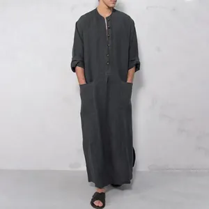Full-length view of a vintage men's long robe in charcoal grey with stand collar