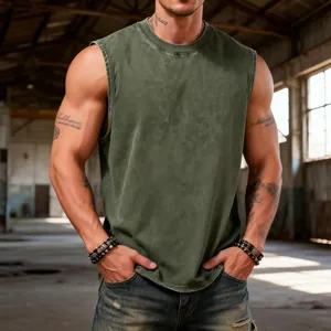 Close-up of men's vintage washed cotton tank top showing heavyweight distressed fabric