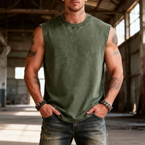 Detail of vintage washed green heavyweight cotton sleeveless tank top on model