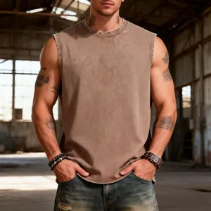 Detail of American retro men's washed distressed sleeveless tank top in heavy brown cotton