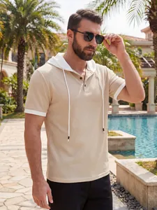 Detailed view of men's casual waffle knit hooded t-shirt with drawstring and contrast cuffs
