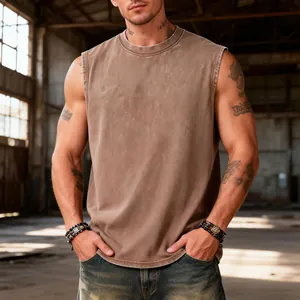 Detail view of a vintage brown washed cotton sleeveless muscle tank top for men