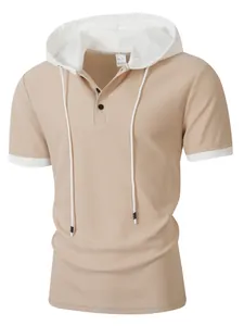 Close-up of men's waffle knit hooded T-shirt featuring contrast trim and button placket.