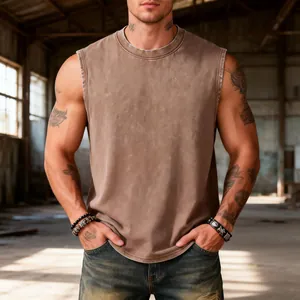 Close-up detail of a men's vintage washed brown sleeveless tank top made of heavy cotton