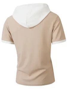 Back view of men's casual waffle knit hooded t-shirt with white color-blocking