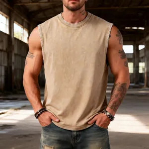 Vintage washed heavy cotton sleeveless tank top for men in an industrial setting
