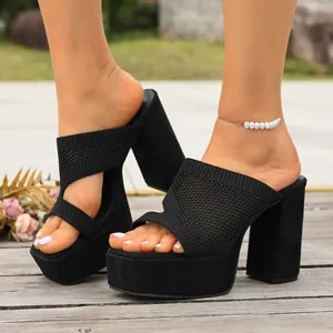 Pantofole da Donna alla Moda in Maglia a Rete con Tacco Largo e Platform Estate Sandali Mules con Punta Aperta