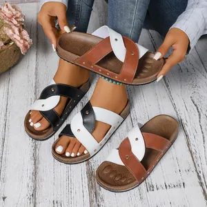Women Fashion Rivet Cross Strap Slides European American Style Cork Sole Summer Casual Sandals Outdoor Beach Shoes