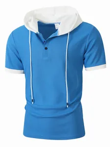 Close-up of blue waffle knit texture on men's short sleeve hooded shirt with drawstring