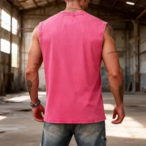 High-quality back view of a pink vintage washed cotton sleeveless tank top for men