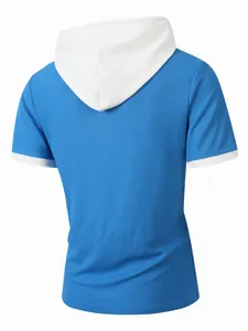 Back view of men's blue waffle knit short sleeve hoodie with white contrast trim