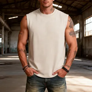 Close-up of men's vintage washed cotton tank top showing the heavyweight fabric and relaxed fit.