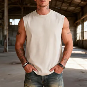 Detail of a vintage beige sleeveless tank top for men, heavy cotton with washed effect.