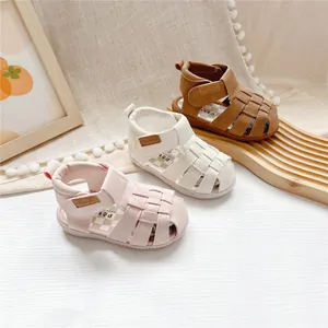 Stylish summer kids closed-toe leather sandals in pink, white, and brown variants