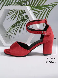 Red suede chunky heel sandal with ankle strap and 7.5cm heel height measurement