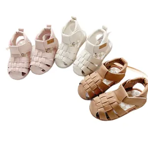 Summer children's closed-toe leather sandals with velcro straps in pink, white, and brown