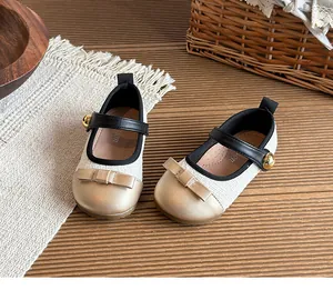 Elegant girls princess shoes with bow detail and tweed fabric for spring and autumn.