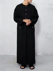 Men's Muslim Thobe Robe Solid Color Long Sleeve Round Neck Button Kaftan Arabic Islamic Ethnic Loose Robe with Pockets