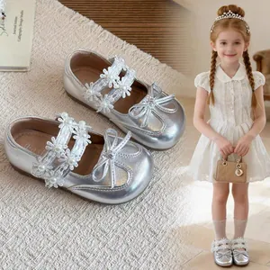Girls Princess Shoes Sweet Bow Soft Sole Mary Jane Dress Shoes With Pearl Flower Lace For Party Wedding Spring Kids Shoes