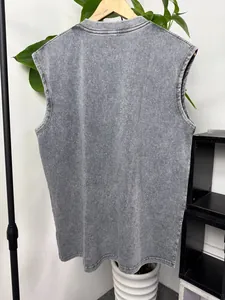 Back view of a grey vintage acid-washed cotton sleeveless tank top hanging on a wooden hanger