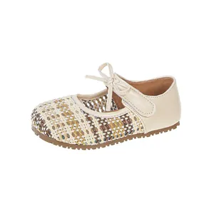 Scarpe Mary Jane vintage intrecciate per bambine con suola morbida e fiocco decorativo