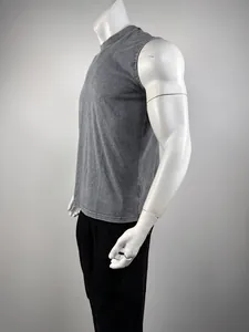 Detail view of gray acid wash vintage cotton tank top on mannequin side profile