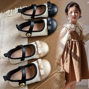 Girls Little Fragrance Tweed Mary Jane Shoes Elegant Bow Princess Flats Breathable Hook And Loop Dress Shoes For Kids