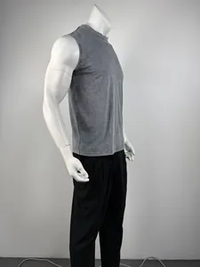 Side profile detail of heavy weight washed cotton sleeveless tank top with vintage gray finish