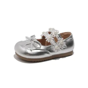 Elegant silver princess shoes for little girls featuring lace flowers and a sweet bow