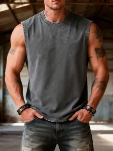 Vintage washed dark grey cotton sleeveless tank top for men in muscular fit.