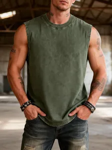 Men's vintage washed cotton tank top, oversized sleeveless muscle tee for gym and street.