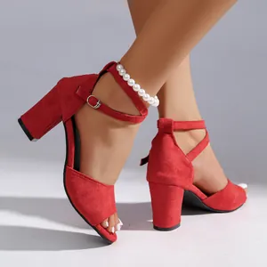 Red suede chunky heel sandals with peep toe, ankle strap and elegant pearl anklet